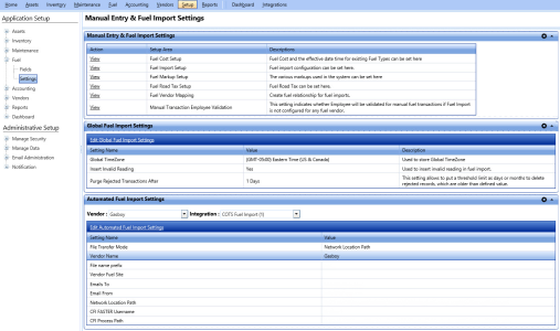 Manual entry and fuel import settings page
